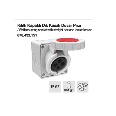 TRİFAZE CEE NORM KİLİTLİ KAPAKLI DUVAR PRİZİ DİK KASALI-32A