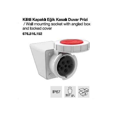 TRİFAZE CEE NORM KİLİTLİ KAPAKLI DUVAR PRİZİ EĞİK KASALI-16A