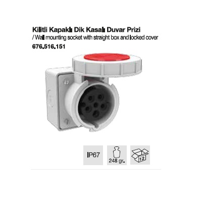 TRİFAZE CEE NORM KİLİTLİ KAPAKLI DUVAR PRİZİ DİK KASALI-16A