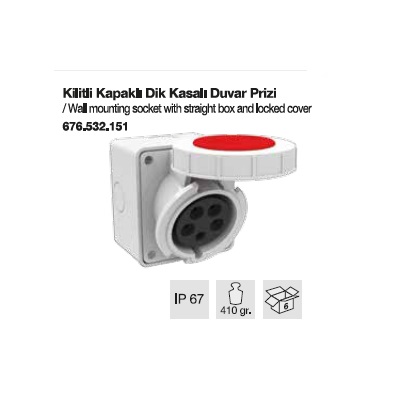 TRİFAZE CEE NORM KİLİTLİ KAPAKLI DUVAR PRİZİ DİK KASALI-32A