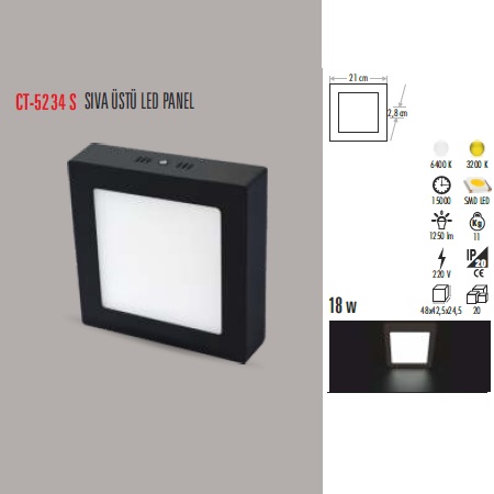18W SIVA ÜSTÜ LED PANEL SİYAH KARE