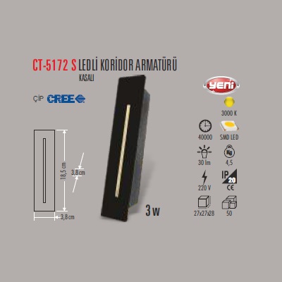3W LEDLİ KORİDOR ARMATÜRÜ KASALI SİYAH