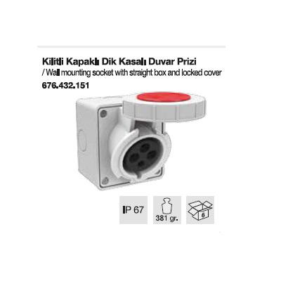 TRİFAZE CEE NORM KİLİTLİ KAPAKLI DUVAR PRİZİ DİK KASALI-32A