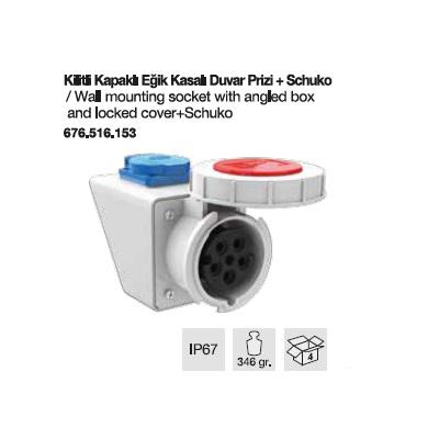 TRİFAZE CEE NORM KİLİTLİ KAPAKLI DUVAR PRİZİ EĞİK KASALI+MONOFAZE PRİZLİ-16A
